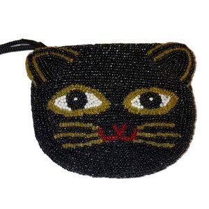 Black Cat Face Glass Beaded Coin change purse zippered 5 x 4 inches